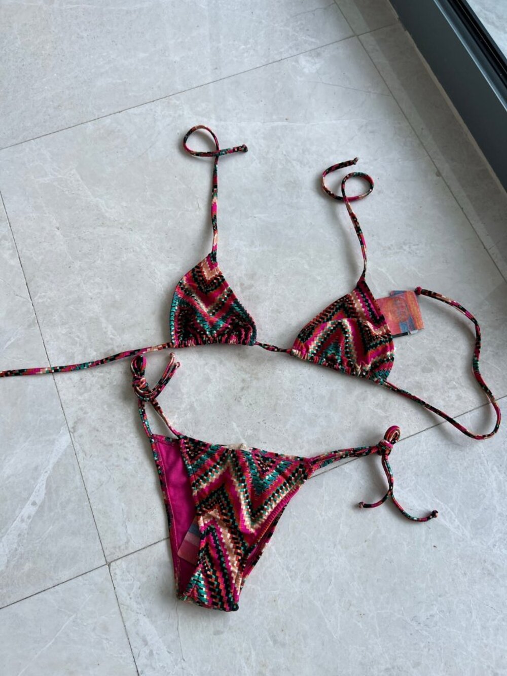 Salinas Brazilian Bikini Set Pink Chevron Pixel Triangle Top Tie Bottoms NWT S